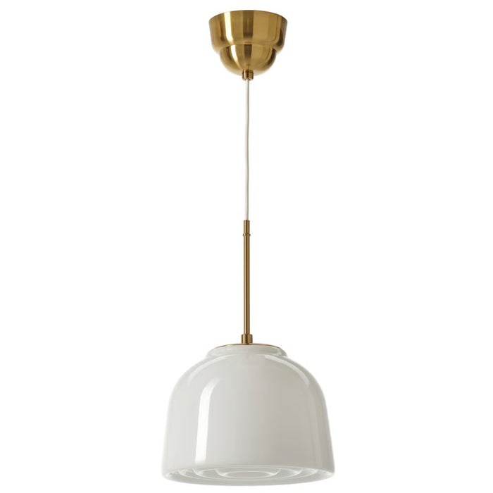 Pendant light with white shade and gold fixture on a white background