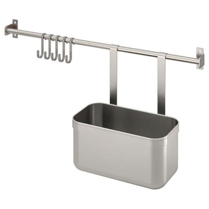 IKEA KUNGSFORS Rail with 5 hooks and 1 container, stainless steel, 56 cm (22 ")