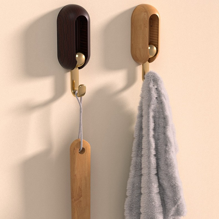 Sturdy brown adhesive hooks for hanging coats, towels, and decor without nails