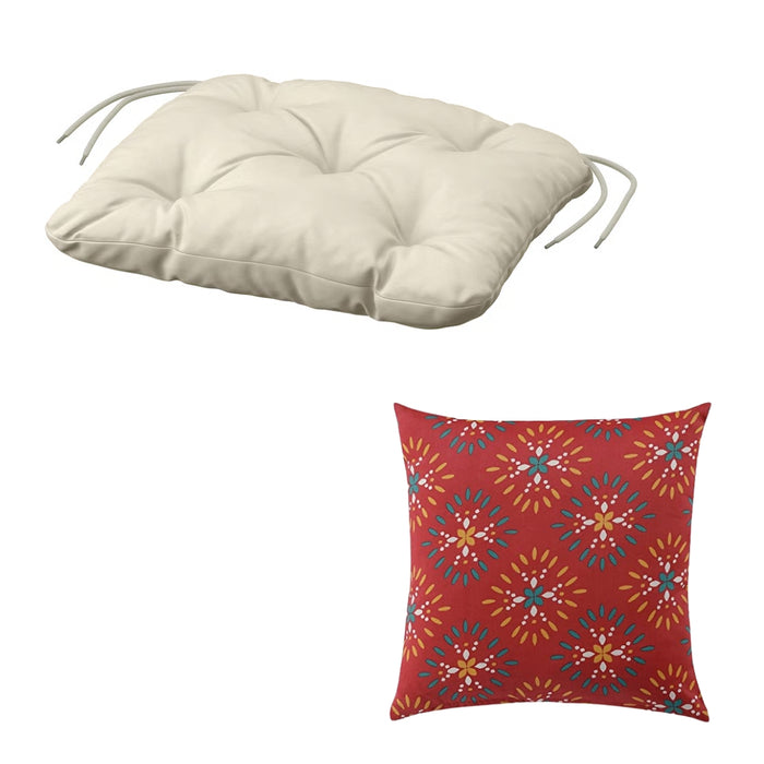 IKEA Seating Comfort Set - Light Beige KUDDARNA Chair Pad & Red Printed KLIBBARV Cushion