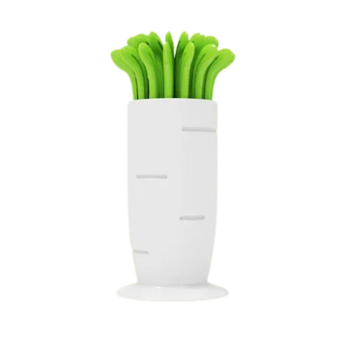 Digital Shoppy Radish Fruit Fork Set – 30pcs Tooth Dessert Picks with Holder – White/Green