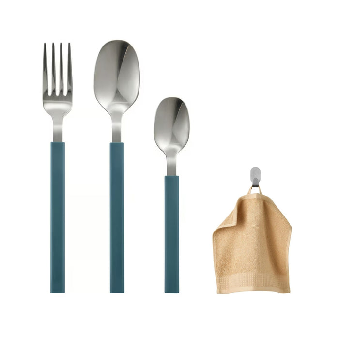 IKEA TÅNGMÄRLA 12-Piece Cutlery Set — Dark Grey-Blue with VINARN Washcloth, Light yellow, 30x30 cm (12x12 ") Pack of 2