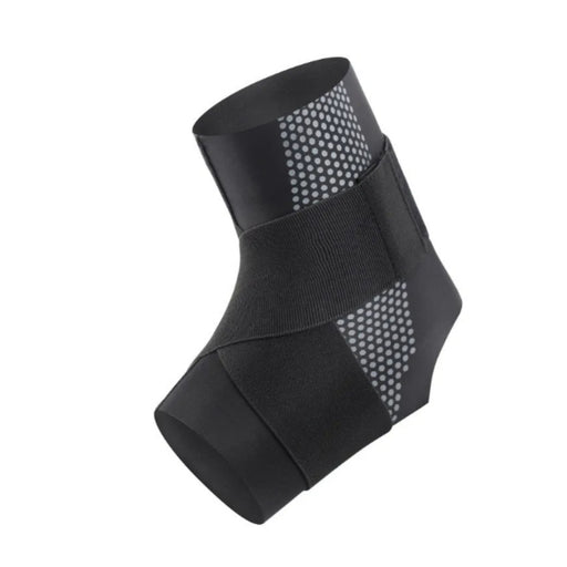 Black ankle support brace with mesh design on a white background