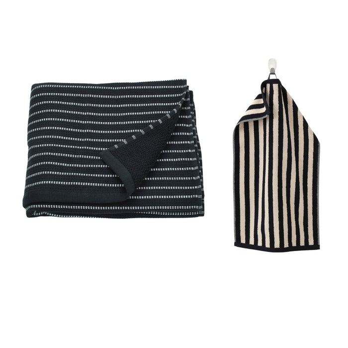 IKEA BROKGINST Bath Towel Black 70x140 cm with SLÅNHÖSTMAL Hand Towel Black Light Beige Striped 40x70 cm