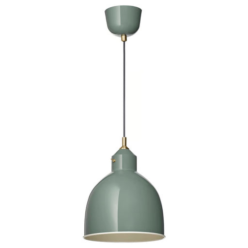  IKEA RÖDFLIK pendant lamp in grey-green, dome-shaped shade with glossy finish, white interior, suspended by black cord with brass accents