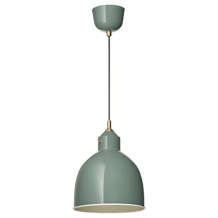  IKEA RÖDFLIK pendant lamp in grey-green, dome-shaped shade with glossy finish, white interior, suspended by black cord with brass accents