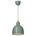  IKEA RÖDFLIK pendant lamp in grey-green, dome-shaped shade with glossy finish, white interior, suspended by black cord with brass accents