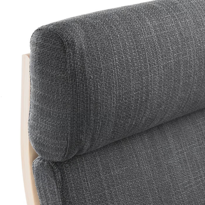 Close-up of IKEA POÄNG armchair with Hillared anthracite cushion and birch veneer frame; textured dark grey fabric on padded backrest and headrest – 60362507, 30158659