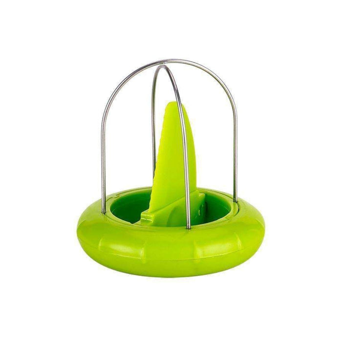 A bright lime green silicone baby teether or teething toy with a silver metal safety guard, shown on a solid white background.