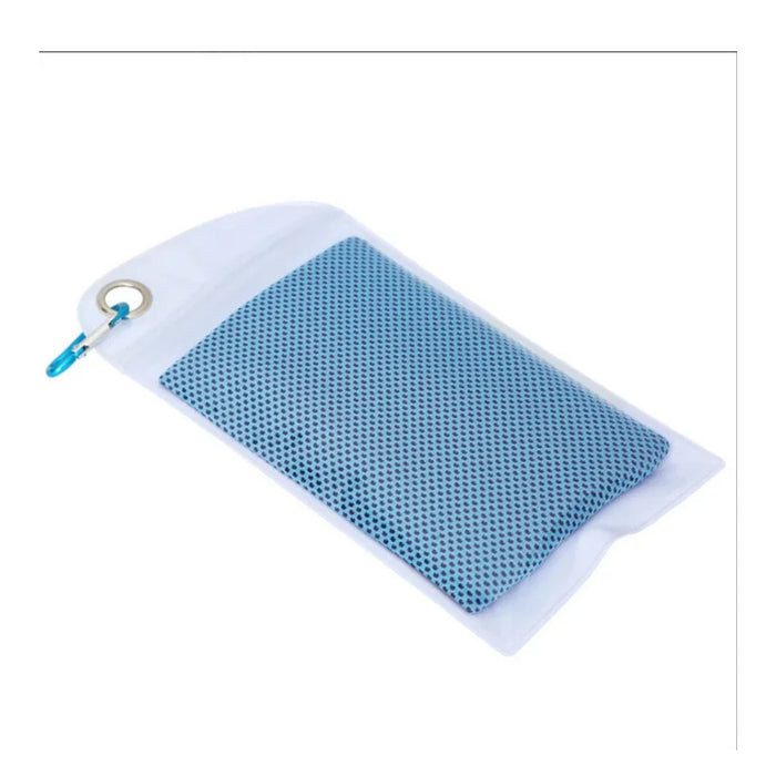 Blue mesh pouch with a white rim on a white background