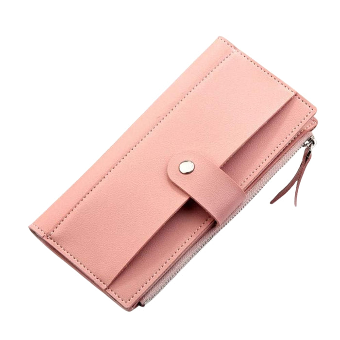 Pink women’s wallet with snap button strap and dual zipper pulls – sleek design with visible stitching and modern finish – 1598446067672