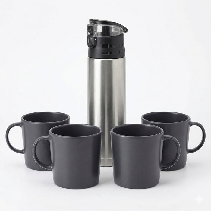 IKEA Drinkware Set - BÅGCIKLID Stainless Steel Vacuum Flask (1L, Silver) & DINERA Dark Grey Ceramic Mugs (4-Pack, 30cl)