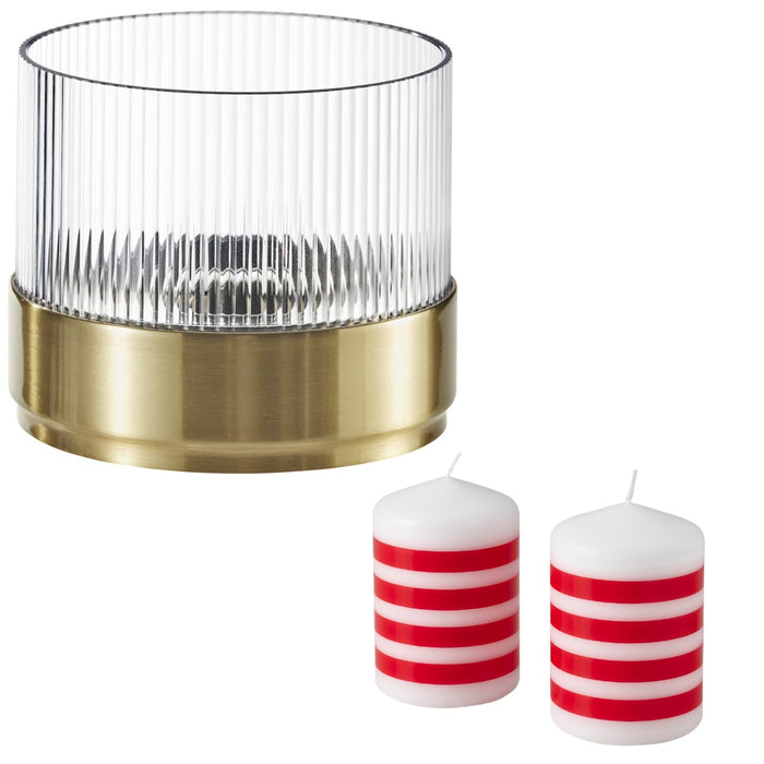 Ikea SNÖRPTRÅD LED Table Decoration, Battery-Operated Brass-Colour with Unscented Pillar Candle - Stripe Pattern red/White 10 cm
