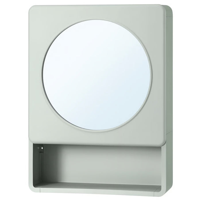IVÖSJÖN mirror cabinet with 1 door, green, 44x15x59 cm. Circular mirror with open shelf below – compact, functional design for bathroom or hallway storage – 20573173.