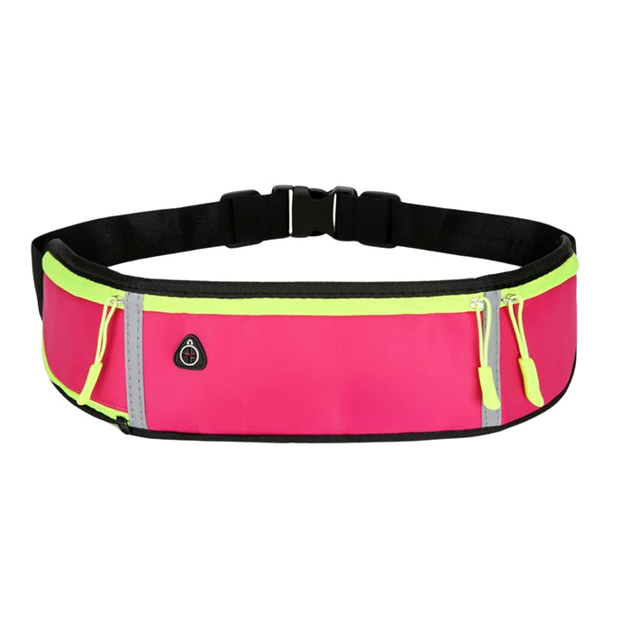 Waterproof running belt – pink with neon yellow zippers, dual compartments and headphone port, adjustable strap