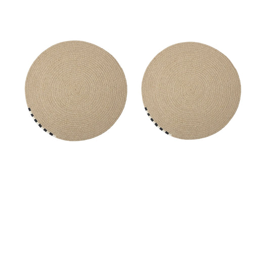 “Two round jute placemats with concentric woven pattern, placed side by side on a white background.”

