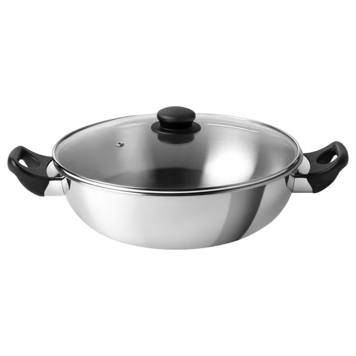 IKEA GULDSPARID Kadai wok with lid, 30 cm (12 "), stainless steel body with glass lid and black handles - 00601445