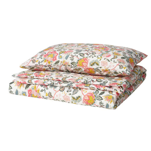 Neatly folded duvet cover and pillowcase with vibrant multicolour floral pattern featuring pink, yellow, blue, and green flowers on a white background.


