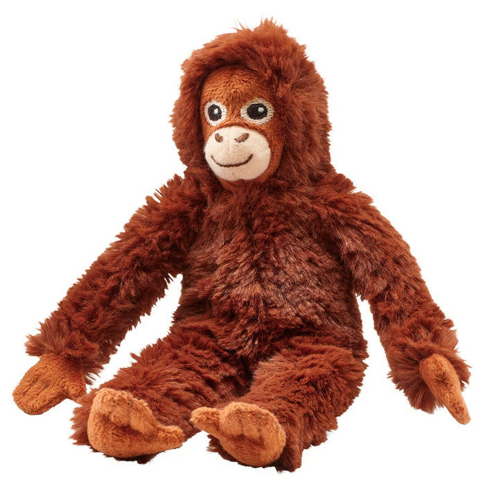Plush orangutan toy with reddish-brown fur, tan face, and embroidered eyes, seated with arms resting at sides.

