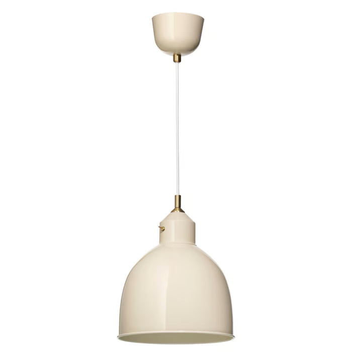 Minimalist IKEA RÖDFLIK pendant lamp with a light beige dome-shaped metal shade and matching ceiling cup.