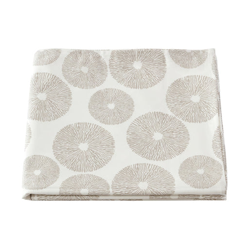 Beige IKEA HÅRSTARR tablecloth measuring 145x240 cm (57x94 inches), featuring a repeated circular sunburst or floral-inspired pattern with finely detailed radial lines. The modern motif adds understated elegance, ideal for dining tables, casual settings, or festive gatherings. The fabric is neatly folded to highlight both texture and pattern -30519699.