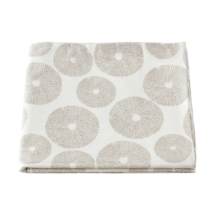 Beige IKEA HÅRSTARR tablecloth measuring 145x240 cm (57x94 inches), featuring a repeated circular sunburst or floral-inspired pattern with finely detailed radial lines. The modern motif adds understated elegance, ideal for dining tables, casual settings, or festive gatherings. The fabric is neatly folded to highlight both texture and pattern -30519699.