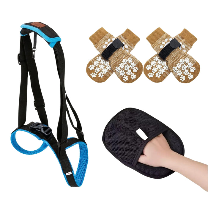 Digital Shoppy 3-in-1 Pet Care Set: Deshedding Grooming Mitt, Large Dog Mobility Leg Support & Waterproof Anti-Slip Socks - Total Care for Dogs & Cats