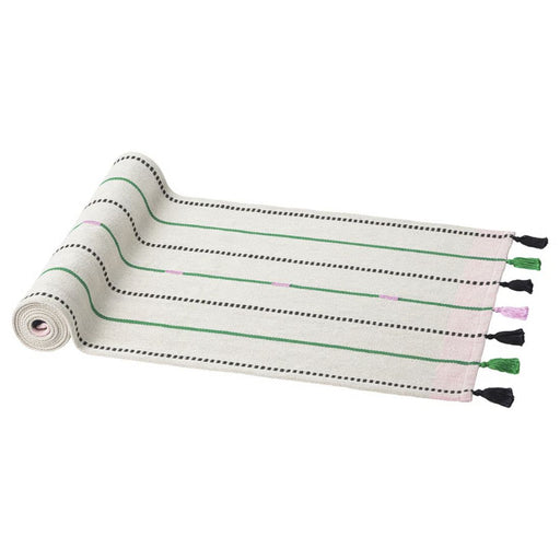 IKEA MÄVINN Table-runner, off-white with green and black vertical stripes, tassels at both ends – 35x130 cm – minimalistic charm for festive or everyday décor – 40601622