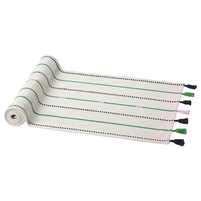 IKEA MÄVINN Table-runner, off-white with green and black vertical stripes, tassels at both ends – 35x130 cm – minimalistic charm for festive or everyday décor – 40601622