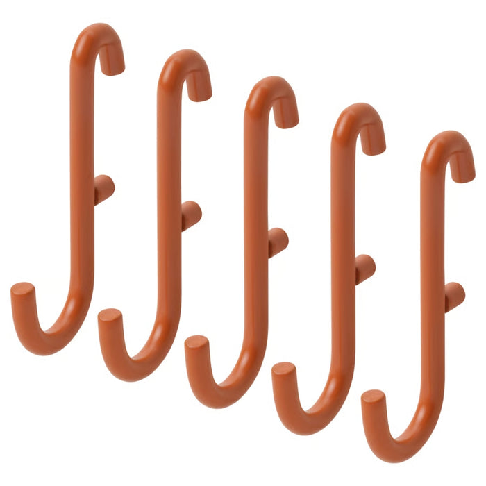 IKEA SKÅDIS hook set in bright orange; 5 identical curved hooks with rounded ends and dual peg attachments – compatible with SKÅDIS pegboard system for organized wall storage - 00606136