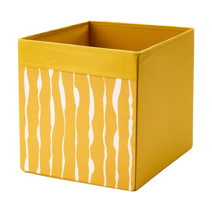 IKEA DRÖNA Box in dark yellow with white wavy-line pattern, measuring 33x38x33 cm (13x15x13 inches)—fabric storage solution for organizing shelves and cabinets-00603331