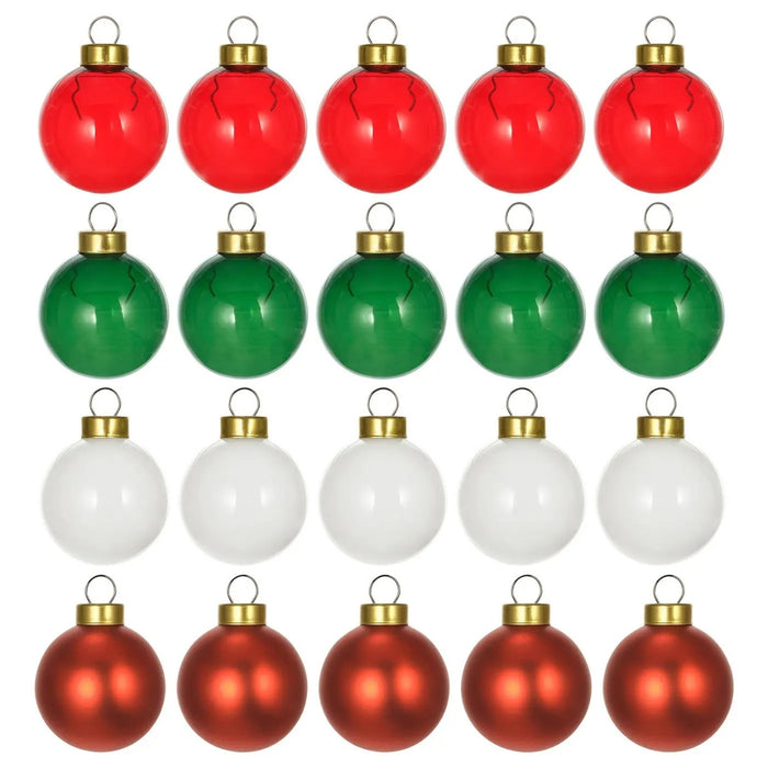 “Set of small glass Christmas baubles, 3.5 cm, in mixed colours including red, green, white, and copper, each with a glossy finish and gold cap for hanging.”


