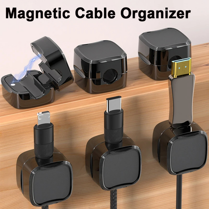 Six black magnetic cable clips arranged in packaging with under-desk mounting demonstration