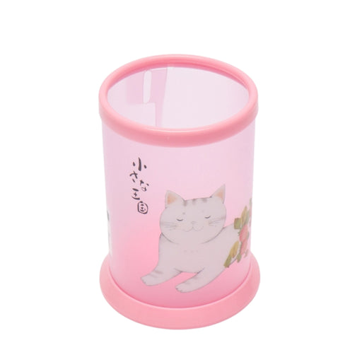 Pink pen holder with a cat illustration on a white background