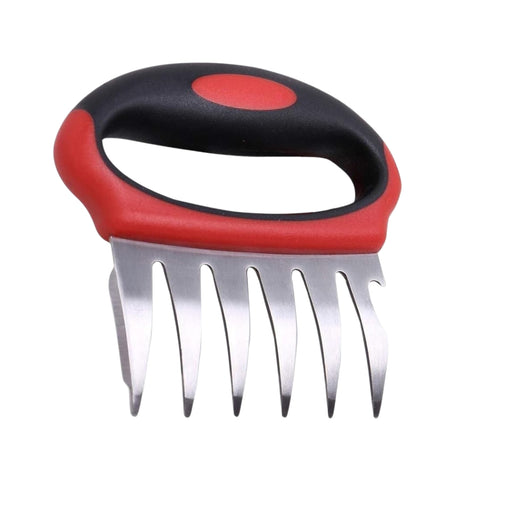 Meat Shredding Claws – Anti-scald, heat-resistant, red grip with stainless steel prongs on dark background -