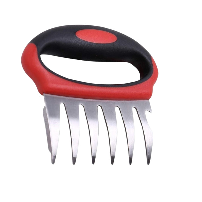 Meat Shredding Claws – Anti-scald, heat-resistant, red grip with stainless steel prongs on dark background -