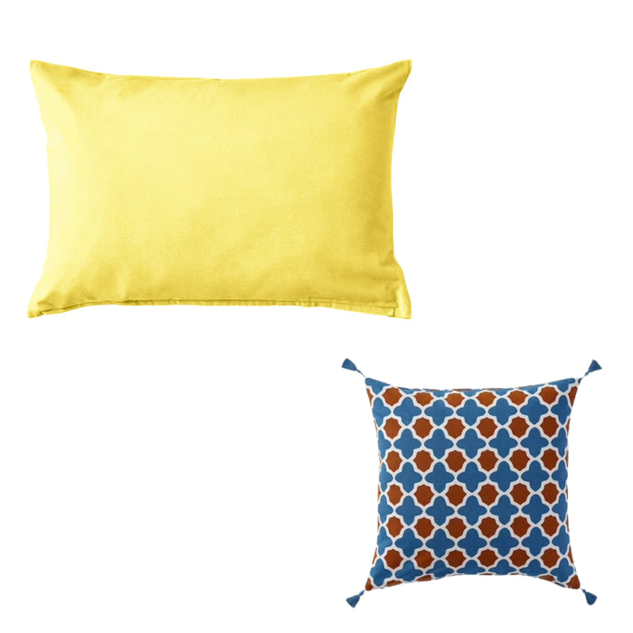 Ikea SANELA Cushion Cover, Light Yellow, 40x58 cm with INGVEIG Cushion Cover, Geometric/Brown blue/white50x50 cm