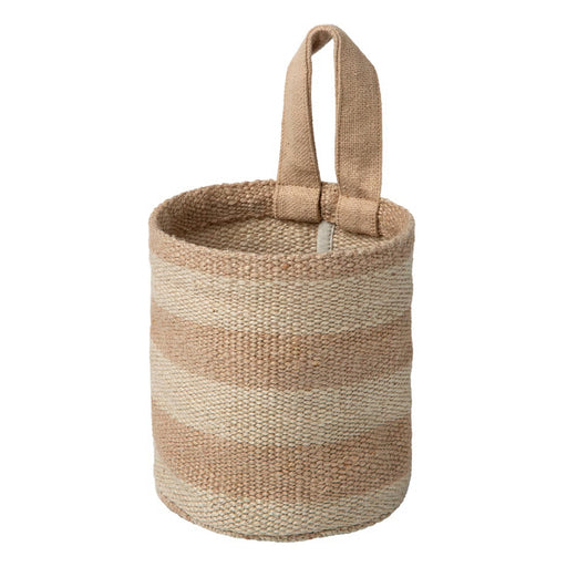 Woven basket with a handle on a white background