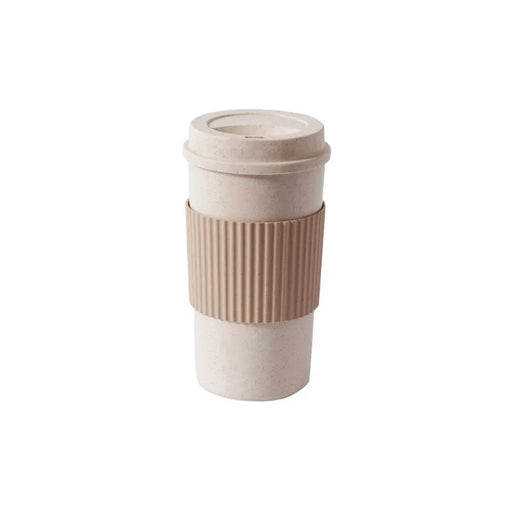 Beige travel mug with ribbed design on a white background