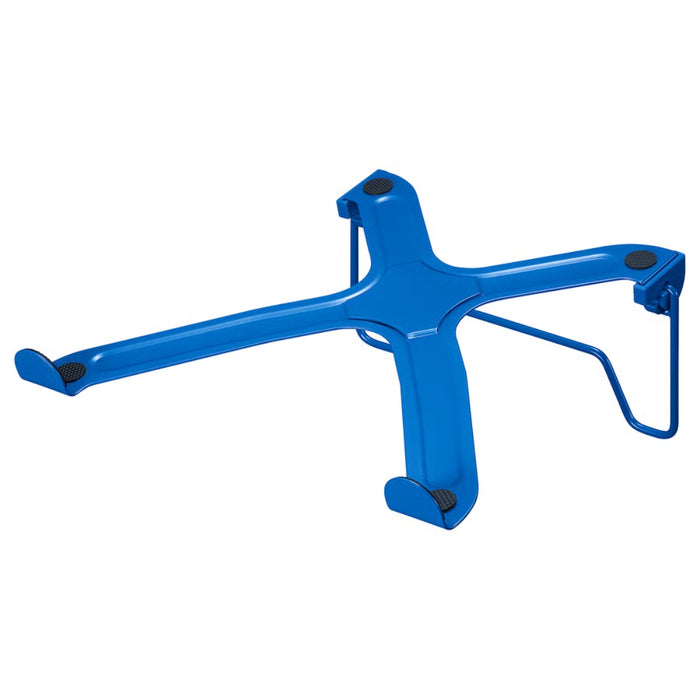 IKEA LÅNESPELARE foldable laptop support in blue metal, shown flat with angled legs and rubber grips for stability