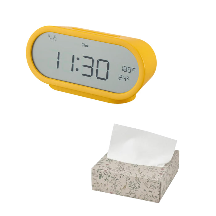 IKEA RÖDSTRÄFSE Alarm Clock with Hygro-/Thermometer Yellow 17x8x6 cm with HAJMAL Paper Napkin Patterned Flower 16x32 cm
