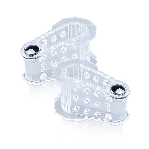 Clear plastic component with hexagonal holes on a white background