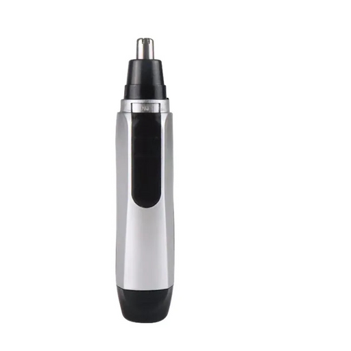 Silver and black electric nose hair trimmer on a white background