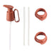 Red plastic components including a pump, straws, and nozzles on a white background