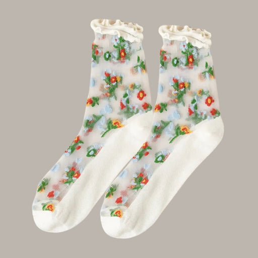 Pair of white sheer ankle socks with colorful floral embroidery and ruffled cuffs - 