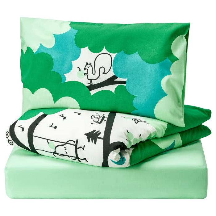 Green and white bedding set with cartoon design on a white background