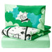 Green and white bedding set with cartoon design on a white background