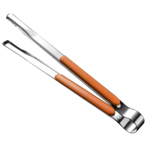 Stainless steel barbecue tongs with orange silicone grips and scalloped edges – ideal for buffet serving, grilling, and commercial kitchens