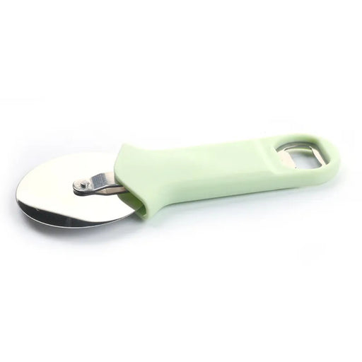 Green kitchen tool with circular stainless steel blade and built-in bottle opener – ergonomic handle for pizza slicing and beverage opening – 1600000037418 14006653