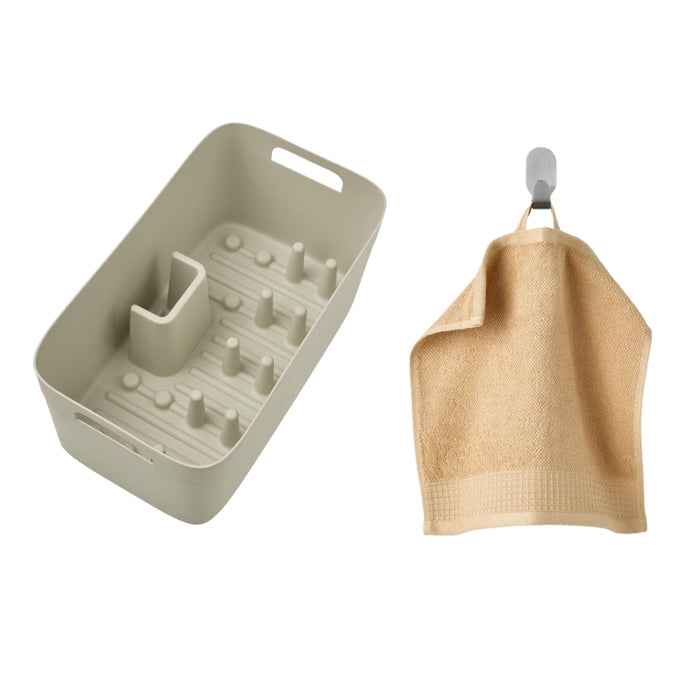 IKEA SPJUTLILJA Dish Drainer Light Grey‑Beige with VINARN Washcloth 30×30 cm — Neat Drying | Kitchen Cleaning Combo